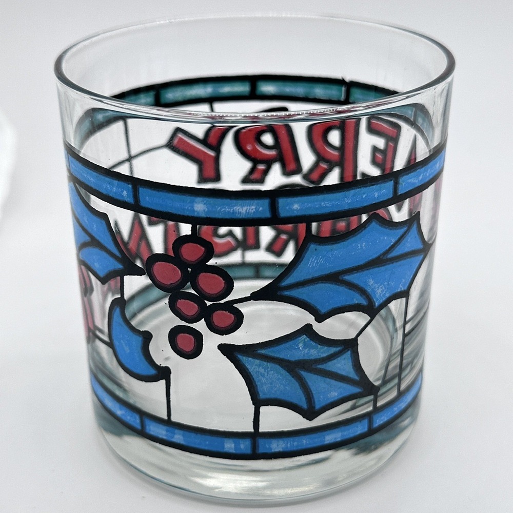 Set of 4 Vintage Merry Christmas Stained Glass Style Barware Glasses Lowball - Picture 2 of 2